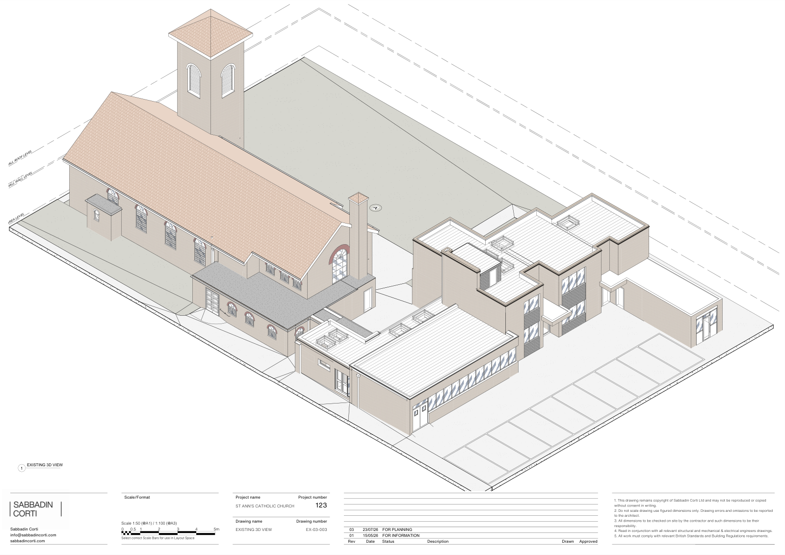 Architect’s drawing of the existing church, hall and courtyard.