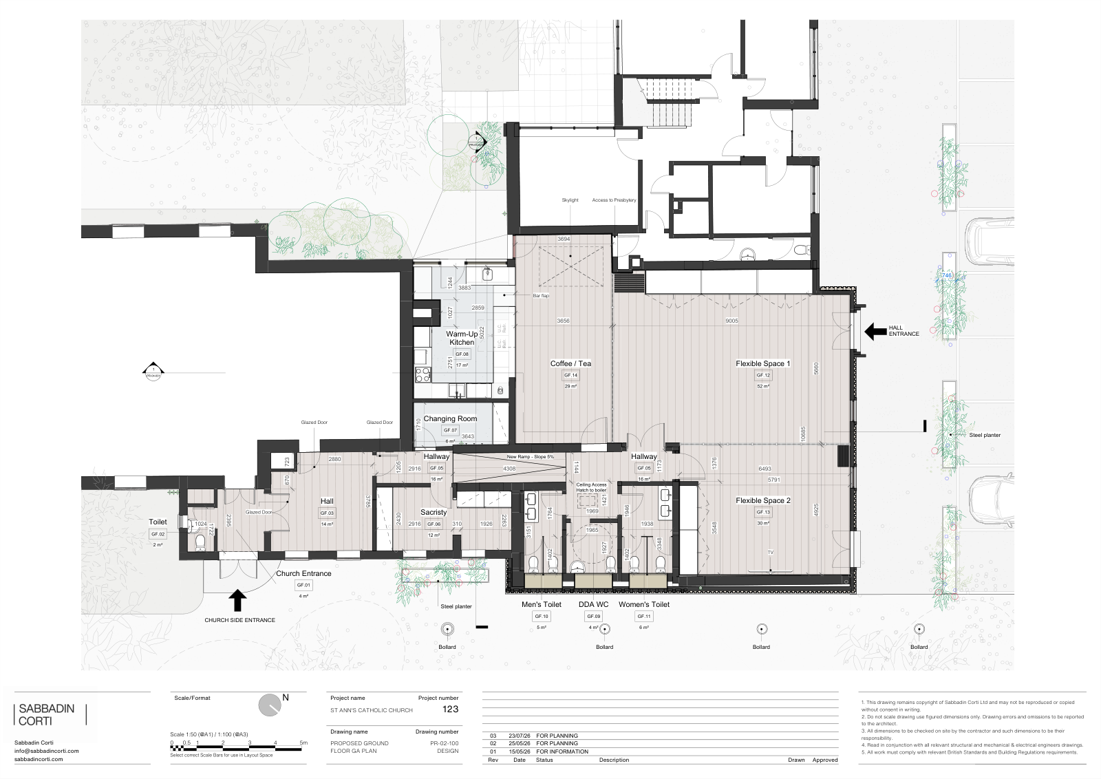 Proposed ground floor plan showing flexible spaces, kitchen, sacristy, entrance ramp and accessible toilet.
