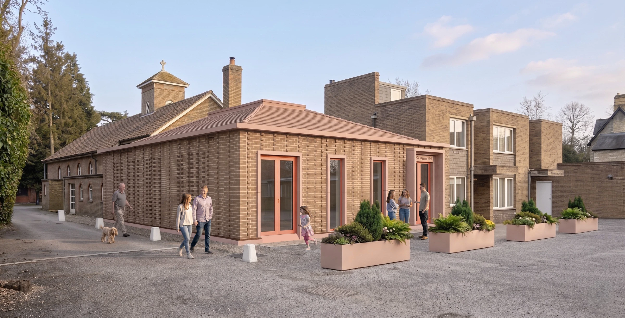 Architect’s visualisation of the proposed St Ann’s Hall with a pitched roof, welcoming entrance and planting.
